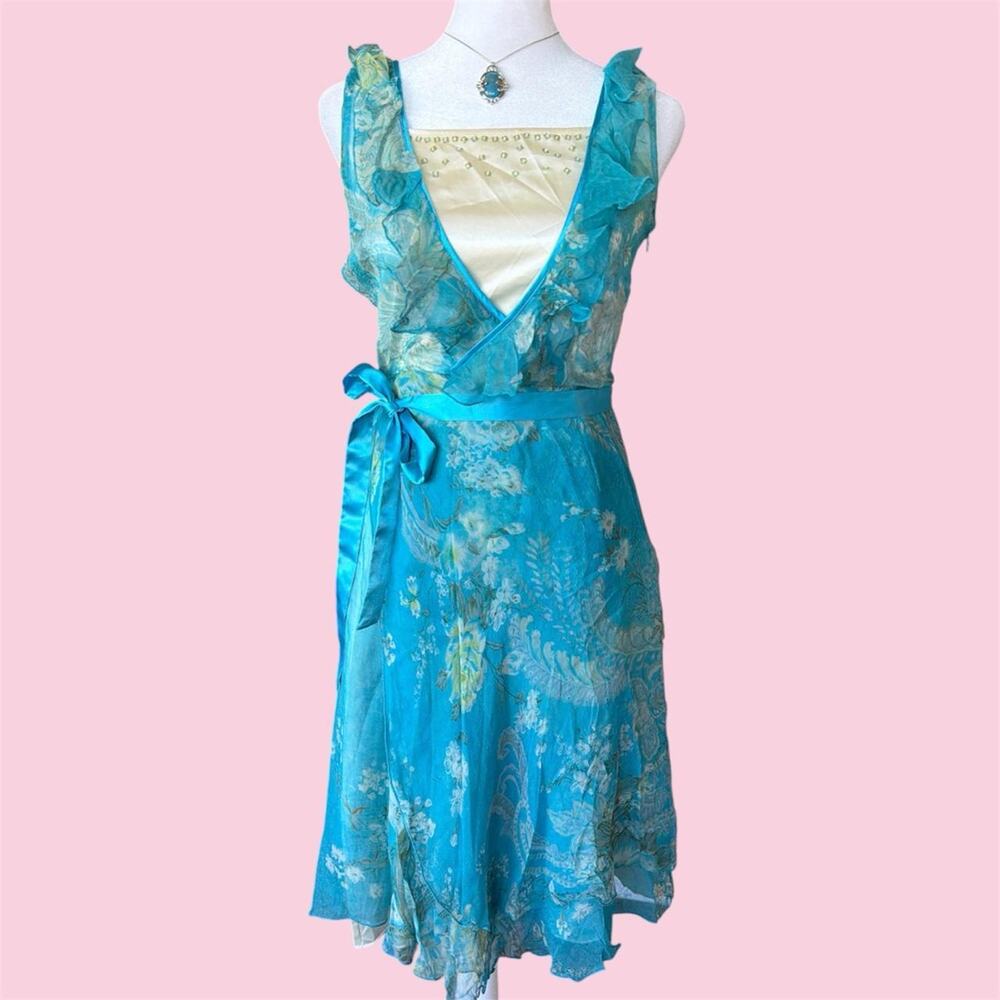 Euro Silk Blue Floral Wrap Dress with beaded details and asymmetrical hem